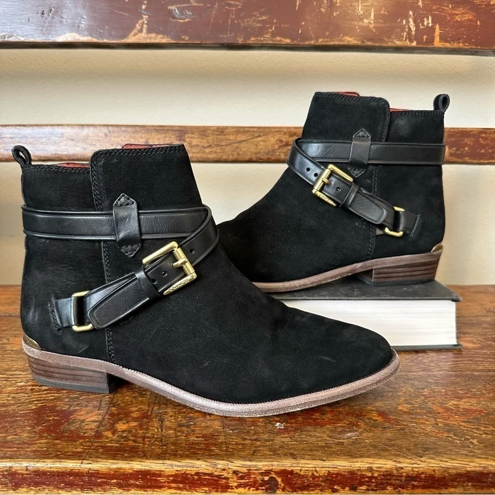 COACH Leoda Black Suede Buckle Ankle Booties Boots